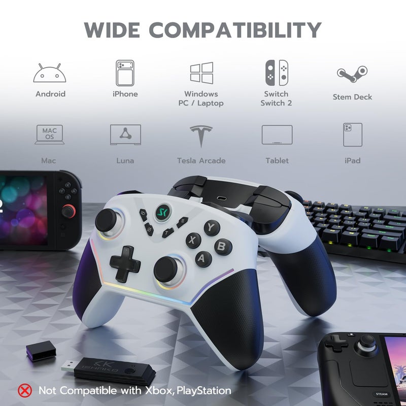 ISHAKO Wireless Gaming Controller with Hall Effect Joysticks&Triggers, 1200mAh Battery, 1000Hz Polling Rate, 4 Back Buttons, RGB Lighting – Works with PC Windows/Mac/Steam/Luna/Tesla/Switch- White - Image 2